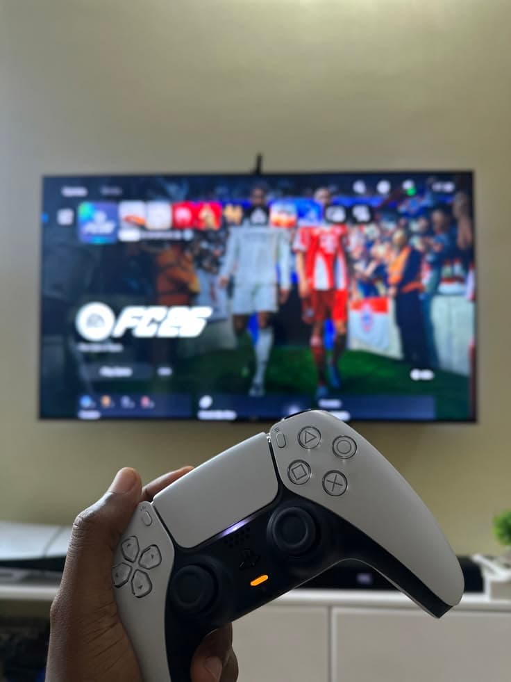 PlayStation controller in front of a TV showing EA FC